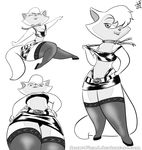  anthro biting_lip breasts cat cats_don&#039;t_dance choker clothed clothing draw-fiend eyes_closed feline female greyscale hair hair_over_eye legwear looking_at_viewer low-angle_view mammal monochrome multiple_poses panties panty_shot pose ribbons sawyer skimpy small_breasts smile solo stockings teasing thigh_highs underwear upskirt 