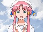  animated animated_gif aria aria_company_uniform beret clapping cloud cloudy_sky day drawfag hair_tubes hat long_hair lowres mizunashi_akari neon_genesis_evangelion parody pink_hair sidelocks simple_background sky smile solo source_request uniform upper_body 