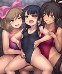  3girls black_hair blue_eyes breasts brown_hair dark_skin eyepatch green_eyes haigure haruka_(senran_kagura) homura_(senran_kagura) large_breasts leotard mirai_(senran_kagura) multiple_girls red_eyes senran_kagura smile 