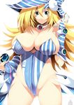  :o adapted_costume aqua_eyes ass_visible_through_thighs barcode_scanner bare_shoulders blonde_hair blue_leotard blush_stickers breasts cleavage collar covered_navel dark_magician_girl duel_monster gauntlets gem hat highres holding huge_breasts lawson leotard long_hair looking_at_viewer scanner simple_background solo standing stomach striped thigh_gap thighs tombstone translation_request tsukasawa_takamatsu white_background yuu-gi-ou 