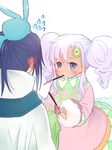  1boy 1girl blue_hair blush cloak dark_skin dress keele_zeibel long_hair meredy pink_hair pocky ponytail purple_eyes quickie short_hair tales_of_(series) tales_of_eternia twintails 