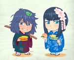  2girls artist_name blue_eyes chibi fangs food fruit geta hair_bun hair_ornament herokick japanese_clothes kanzashi kendo_sword kill_la_kill kimono kiryuuin_satsuki leaf leaf_on_head matoi_ryuuko multicolored_hair multiple_girls patches peach sandals scar scratches short_hair smile streaked_hair 