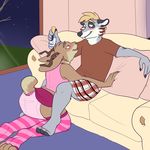  alcohol antlers beer beverage blonde_hair blush brown_shirt canine cervine clothing deer diaper food guy_on_guy hair horn legwear mammal pillow pink_diaper pink_shirt pink_socks sissy socks sofa striped_legwear striped_shorts striped_socks stripes window wolf 