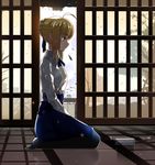  ahoge artoria_pendragon_(all) blonde_hair blouse bow fate/stay_night fate_(series) green_eyes hair_ribbon highres lucky_(1045044604) ribbon saber shinai skirt solo sword weapon 