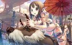  animal breasts brown_eyes brown_hair cleavage fantasy feathers highres horns large_breasts oriental_umbrella original scenery solo teruterubouzu tougetsu_gou umbrella 