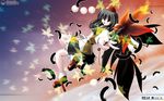  black_hair black_wings geta highres looking_at_viewer open_mouth shameimaru_aya side_b smile solo tengu-geta touhou wallpaper wings 