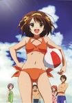  3girls :d :o ^_^ asahina_mikuru ass_visible_through_thighs ball bangs beachball bikini breasts brown_eyes brown_hair casual_one-piece_swimsuit clenched_hand clenched_hands closed_eyes closed_mouth cloud collarbone cowboy_shot criss-cross_halter crossed_arms day detexted dress expressionless eyebrows_visible_through_hair flat_chest furrowed_eyebrows green_swimsuit grey_hair hair_between_eyes hair_ribbon hairband half-closed_eyes halterneck hand_on_hip hands_together hands_up happy headband high_ponytail highres hips holding holding_ball koizumi_itsuki kyon leaning_forward legs_apart light_rays light_smile long_hair long_ponytail looking_at_another looking_at_viewer male_swimwear medium_breasts multiple_boys multiple_girls nagato_yuki navel nervous nontraditional_school_swimsuit official_art one-piece_swimsuit open_mouth orange_bikini orange_hair orange_hairband outdoors parted_bangs parted_lips pink_dress pink_ribbon pink_swimsuit polka_dot polka_dot_swimsuit ponytail raised_eyebrows ribbon scan school_swimsuit shirtless short_hair shorts side-tie_bikini sidelocks sky smile standing sunbeam sunlight suzumiya_haruhi suzumiya_haruhi_no_yuuutsu sweat swim_trunks swimsuit swimsuit_skirt swimwear thighs third-party_edit v-shaped_eyebrows yellow_ribbon 