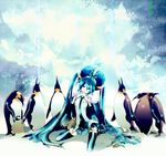  :p anoringo aqua_eyes aqua_hair bird cape crown detached_sleeves flock hatsune_miku headset kneeling long_hair necktie penguin skirt smile solo thighhighs tongue tongue_out twintails very_long_hair vocaloid zettai_ryouiki 