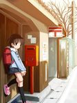  against_wall backpack bag black_legwear brown_hair coat fur_trim highres japanese_postal_mark kneehighs original outdoors postbox_(outgoing_mail) randoseru shoes short_hair shouji_ayumu skirt sneakers solo toggles 