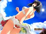  bikini black_hair day echigo_shinobu highres nazo_(artist) short_hair solo surprised swimsuit upskirt wallpaper wrestle_angels wrestle_angels_survivor_2 yellow_eyes 