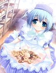  aqua_hair blue_eyes blush bow copyright_request food hat highres inuneko maid smile solo source_request 