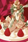  breasts cleavage cream food fork fruit green_eyes green_hair hatsune_miku high_heels highres long_hair medium_breasts oversized_object sakura_(superbunnys) shoes sitting solo strawberry thighhighs twintails very_long_hair vocaloid zettai_ryouiki 