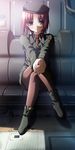  asai_f._lavinia blush brown_legwear chikotam crossed_legs eden_they_were_only_two_on_the_planet hat highres military military_uniform pantyhose red_hair sitting solo uniform yellow_eyes 