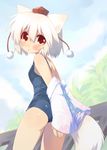  animal_ears detached_sleeves hat highres inubashiri_momiji looking_back one-piece_swimsuit red_eyes school_swimsuit short_hair silver_hair solo swimsuit tail toba_hiyoko tokin_hat touhou wolf_ears wolf_tail 