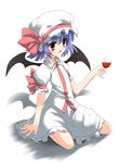  alternate_color bat_wings blood blue_hair cup drinking_glass fang hat highres purple_hair red_eyes remilia_scarlet short_hair shouji_ayumu sitting solo touhou wariza wine_glass wings 