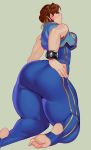  1girl ass bare_shoulders barefoot blue_bodysuit bodysuit bracelet breasts brown_eyes brown_hair capcom chun-li closed_mouth curvy double_buns feet foot from_behind green_background half-closed_eyes hands_on_hips hips huge_ass jewelry kneeling large_breasts legs looking_at_viewer looking_back matching_hair/eyes simple_background sleeveless soles solo spiked_bracelet spikes street_fighter thick_thighs thighs toeless_legwear toes vest wide_hips 