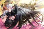  ass back bare_shoulders black_wings crop_top demon_girl demon_tail detached_sleeves feathers highres long_hair long_sleeves midriff original pants pointy_ears rezi scythe silver_hair slit_pupils solo tail very_long_hair wings yellow_eyes 