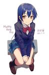  blazer blue_hair bow highres huanxiang_heitu jacket long_hair long_sleeves looking_at_viewer love_live! love_live!_school_idol_project otonokizaka_school_uniform school_uniform shirt sitting skirt smile solo sonoda_umi v_arms very_long_hair yellow_eyes 