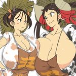  animal_ears animal_print apron asymmetrical_docking bouncing_breasts breast_contest breast_press breasts bursting_breasts commentary cow_ears cow_horns cow_print dual_persona eye_contact face-to-face gigantic_breasts hataraki_ari horns looking_at_another looking_at_viewer multiple_girls original smile sukimi twintails 