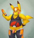  2016 anthro balls bulge chub clothed clothing digital_media_(artwork) dildo fur looking_at_viewer male mammal mytigertail nintendo nude overweight penis pikachu pok&eacute;mon sex_toy simple_background slightly_chubby solo video_games 