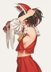  adjusting_hair arms_up ascot bare_shoulders black_hair bow breasts closed_eyes cowboy_shot detached_sleeves from_side go_robots grey_background hair_bow hair_ribbon hair_tubes hakurei_reimu japanese_clothes medium_breasts midriff miko no_bra red_bow red_skirt ribbon ribbon-trimmed_sleeves ribbon_trim short_hair short_ponytail sideboob simple_background skirt solo standing touhou tying_hair wide_sleeves 
