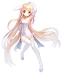  animal_ears arm_up armpits blonde_hair blush bunny_ears dress elbow_gloves gloves long_hair looking_at_viewer original red_eyes ritsuki simple_background solo thighhighs white_background white_dress white_gloves white_legwear 