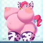  2016 anthro anthrofied areola big_breasts blue_eyes breasts clothing cutie_mark earth_pony elbow_gloves english_text equine female friendship_is_magic gloves hair hands_behind_head horse huge_breasts hyper hyper_breasts legwear long_hair mammal my_little_pony navel nipples open_mouth pink_hair pinkie_pie_(mlp) pony pussy ribbons slightly_chubby solo spindlesx tail_bow tail_ribbon text thick_thighs thigh_highs wet_pussy wide_hips 