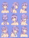  blush breasts expression_chart female_admiral_(kantai_collection) gloves kanata_(evuoaniramu) kantai_collection large_breasts lavender_hair long_hair looking_at_viewer mizuumi_(bb) multiple_views open_mouth playing_with_own_hair ponytail purple_eyes shaded_face smile surprised 