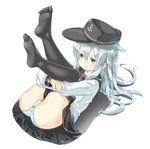  anchor_symbol aruma_(sawayaka_tokuko_miruku) ass black_legwear black_skirt blue_eyes blush feet flat_cap hair_ornament hat hibiki_(kantai_collection) highres kantai_collection knees_on_chest long_hair looking_at_viewer lying neckerchief no_shoes on_back panties school_uniform serafuku silver_hair skirt smile solo striped striped_panties thighhighs underwear white_background 