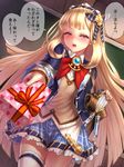  blonde_hair book box cagliostro_(granblue_fantasy) commentary_request gift gift_box giving granblue_fantasy hairband half-closed_eyes holding long_hair looking_at_viewer md5_mismatch plaid plaid_skirt pleated_skirt school_uniform silver_eyes skirt solo thighhighs translation_request very_long_hair yapo_(croquis_side) zettai_ryouiki 