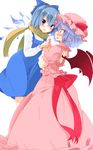  aoi_(annbi) bat_wings blue_bow blue_eyes blue_hair blush bow cirno cirno-nee dress hair_bow hat hat_ribbon highres ice ice_wings looking_at_another mob_cap multiple_girls pointy_ears red_ribbon remilia_scarlet ribbon scarf short_hair simple_background standing touhou white_background wings yuri 
