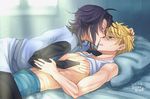  2boys abs bed blush character_request kiss male_focus multiple_boys muscle pecs shigemiya_kyouhei sweat undressing yaoi 