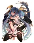  asymmetrical_wings bare_shoulders between_legs blue_hair blush breasts choker dizzy guilty_gear large_breasts long_hair looking_at_viewer oro_(sumakaita) red_eyes ribbon sitting smile solo tail tail_raised tail_ribbon thighhighs underboob v_arms very_long_hair wings 