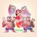  2016 claws clothed clothing digital_media_(artwork) disney eyes_closed eyewear female fur glasses group looking_at_viewer male mammal microphone midriff piti_yindee simple_background skimpy sloth toe_claws zootopia zootopia_shorts 