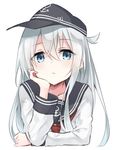  anchor_symbol azuuru blue_eyes blush flat_cap hand_on_own_cheek hand_on_own_face hat head_rest hibiki_(kantai_collection) highres kantai_collection long_hair long_sleeves looking_at_viewer neckerchief school_uniform serafuku silver_hair sitting solo 