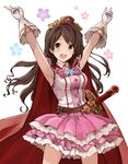  absurdres brown_eyes brown_hair cape double_v gloves granblue_fantasy highres idolmaster idolmaster_cinderella_girls long_hair max_melon one_side_up shimamura_uzuki solo tiara v 