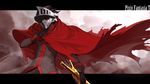  1boy artist_request black cape gloves helmet highres mask pixiv pixiv_fantasia pixiv_fantasia_t red_cape red_eyes sword weapon 