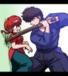  1boy 1girl blue_eyes braid brown_hair chinese_clothes couple genderswap kunou_tatewaki ranma-chan ranma_1/2 red_hair saotome_ranma single_braid sword tangzhuang wantan-orz wantan_orz 