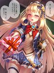  blonde_hair book box cagliostro_(granblue_fantasy) commentary_request gift gift_box giving granblue_fantasy hairband half-closed_eyes holding incoming_gift long_hair looking_at_viewer plaid plaid_skirt pleated_skirt revision school_uniform silver_eyes skirt solo thighhighs translation_request very_long_hair yapo_(croquis_side) zettai_ryouiki 