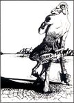  1995 anthro axe black_and_white broo butt caprine desert fur glorantha goat hooves horn jewelry looking_back low_res male mammal melee_weapon monochrome outside pen_(artwork) pose short_tail sign sitting solo traditional_media_(artwork) unknown_artist weapon 