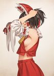  adjusting_hair arms_up ascot bare_shoulders black_hair bow breasts closed_eyes cowboy_shot detached_sleeves from_side go_robots hair_bow hair_tubes hakurei_reimu highres japanese_clothes medium_breasts midriff miko no_bra red_bow red_skirt ribbon-trimmed_sleeves ribbon_trim short_hair sideboob simple_background skirt solo standing touhou tying_hair 