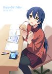  :d absurdres blue_hair cup dated eyewear_removed glasses highres holding holding_eyewear long_hair love_live! love_live!_school_idol_project mug open_mouth pantyhose shiokazunoko smile solo sonoda_umi stationery yellow_eyes 
