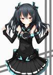  absurdres alternate_breast_size bad_id bad_pixiv_id bare_shoulders black_hair blush elbow_gloves gloves hair_ornament hair_ribbon highres long_hair looking_at_viewer neptune_(series) red_eyes ribbon sanpaku smile solo tsurime two_side_up uni_(choujigen_game_neptune) unishi_furano 