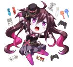 1girl ahoge arm_up bangs black_hat black_shirt black_sleeves blush breasts brown_hair chibi cleavage cleavage_cutout clenched_hands controller detached_sleeves eyebrows_visible_through_hair fingernails game_boy game_controller grey_skirt hair_between_eyes handheld_game_console hat instrument large_breasts long_hair long_sleeves maracas mini_hat mini_top_hat multicolored_hair nail_polish nijisanji no_shoes open_mouth pink_hair pink_legwear pink_nails playstation_controller pleated_skirt purple_eyes shirt simple_background skirt sleeveless sleeveless_shirt sleeves_past_wrists solo thighhighs tilted_headwear top_hat twintails two-tone_hair utsurogi_angu v-shaped_eyebrows very_long_hair virtual_youtuber white_background yamiyono_moruru 