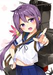  akebono_(kantai_collection) anchor bell blush chikuwa. flower hair_bell hair_flower hair_ornament hand_on_hip jingle_bell kantai_collection long_hair looking_at_viewer machinery midriff navel neckerchief open_mouth pointing pointing_at_viewer purple_eyes purple_hair school_uniform serafuku short_sleeves side_ponytail simple_background skirt solo teeth 