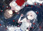  absurdres azuuru black_hair blue_eyes bouquet brown_eyes dress flower haruna_(kantai_collection) hibiki_(kantai_collection) highres kantai_collection long_hair multiple_girls petals silver_hair tiara wedding_dress 