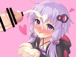  bar_censor blush censored collarbone cum cum_in_mouth cupping_hands ejaculation facial hair_ornament heart hood hoodie long_sleeves low_twintails musouzuki open_mouth penis purple_eyes purple_hair smile solo_focus twintails upper_body vocaloid voiceroid white_day yuzuki_yukari 