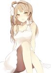  :d arms_behind_back asymmetrical_clothes bare_legs blush bow brown_eyes brown_hair collarbone dress hair_bow knees_up long_hair looking_at_viewer love_live! love_live!_school_idol_project lpip minami_kotori one_side_up open_mouth simple_background single_strap smile solo tareme thighs white_background white_bow white_dress 