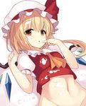  ascot blonde_hair bottomless chocolate commentary finger_to_mouth flandre_scarlet food food_on_clothes food_on_face food_on_finger groin hat hat_ribbon janne_cherry looking_at_viewer md5_mismatch midriff mob_cap navel out-of-frame_censoring puffy_short_sleeves puffy_sleeves ribbon shirt short_sleeves side_ponytail solo suggestive_fluid toned touhou vest white_chocolate white_day wings 