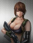  a.tong ahoge artist_name breasts brown_hair cleavage collarbone elbow_gloves front-tie_bikini front-tie_top gloves green_eyes gun highres holding holding_weapon large_breasts lips long_hair looking_at_viewer metal_gear_(series) metal_gear_solid_v nose ponytail quiet_(metal_gear) rifle signature single_elbow_glove sketch sniper_rifle solo suspenders torn_clothes upper_body weapon 